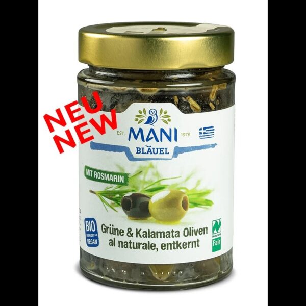 Mani Bläuel - Grüne & Kalamata Oliven al naturale mit Rosmarin, entkernt 175g